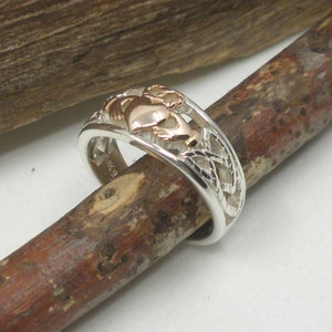 Sterling Silver .925 and 10K Rose Gold Celtic Claddagh Ring with Trinity Knot Rope Accent by Keith Jack Gift Boxed with Cleaning Cloth
