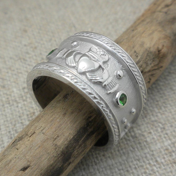 Wide Sterling Silver Roman Claddagh Wedding Ring Band Green Czs