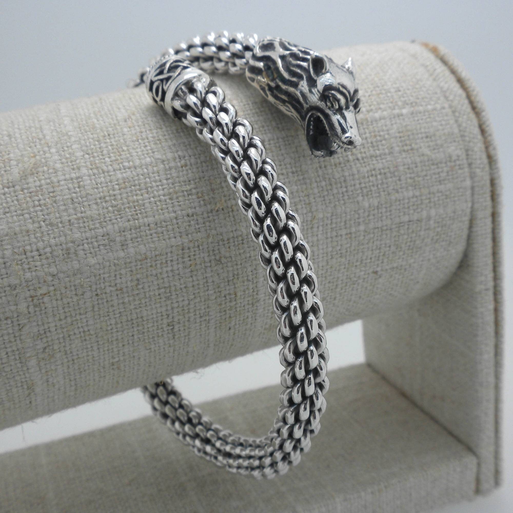 Sterling Silver Celtic Wolf Head Torc Bangle Bracelet With