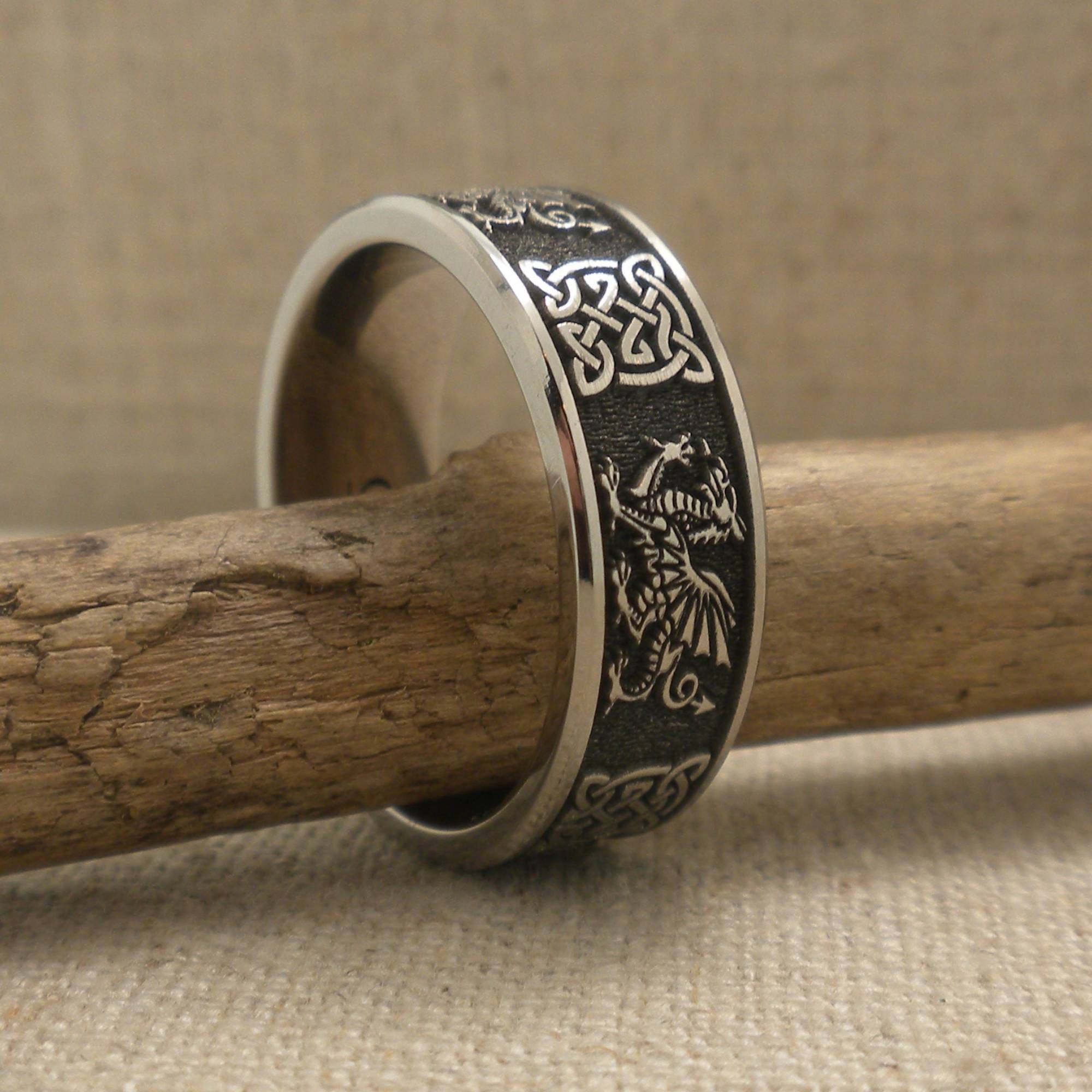 Welsh Dragon and Scottish Celtic Knot Wedding Band in Titanium 7 mm Wide Celtic Ring Comfort Fit Gift Pouched