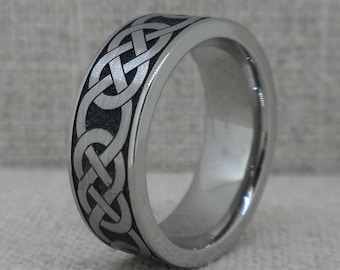 Celtic Knot Wedding Ring Band in Titanium with Black Background Comfort Fit 7.5 mm Wide Made in the USA Comfort Fit Infinity Knot Ring