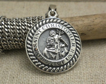 Men&#39;s Sterling Silver Large Irish Saint Christopher Medal made in Ireland by Solvar 20&quot; Steel Chain Gift Boxed St. Christopher Protect Us