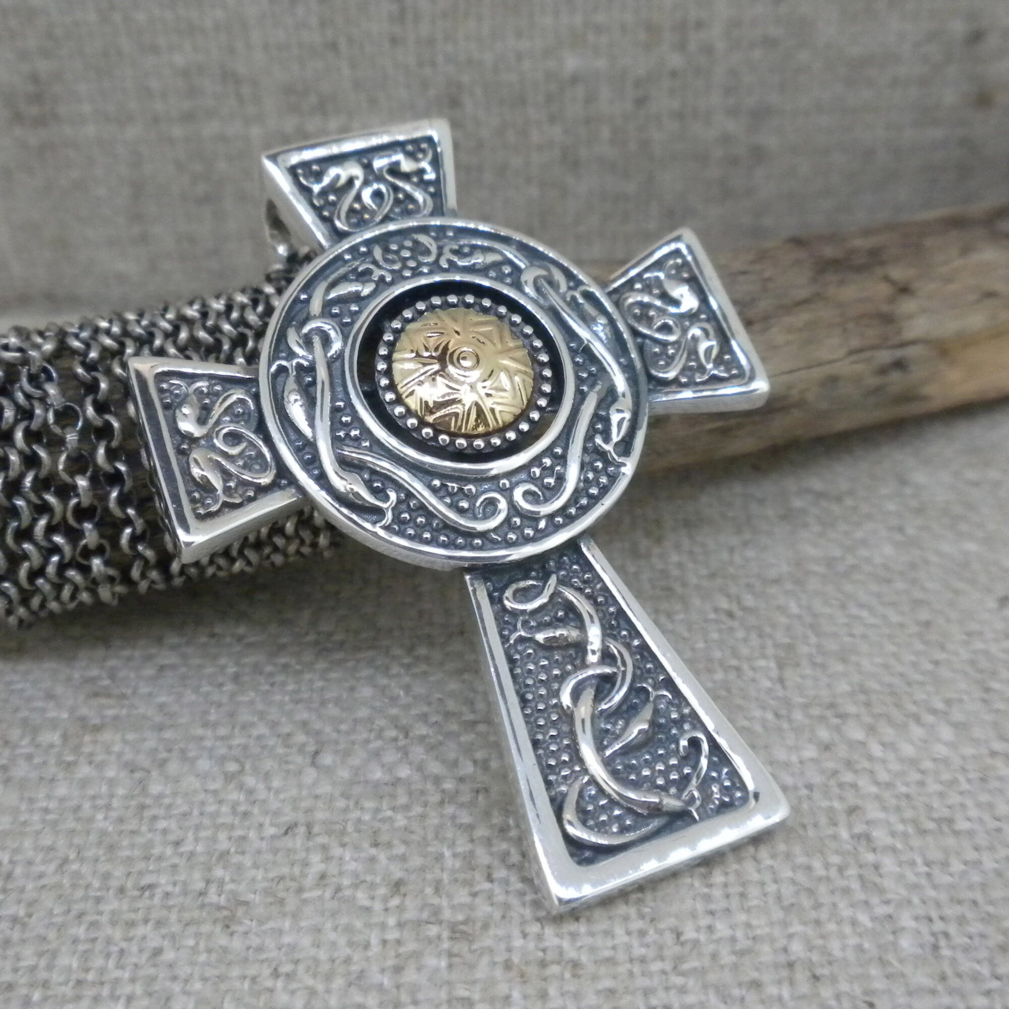Large Sterling Silver and 18K Bead Wood Quay Celtic Cross Pendant With ...