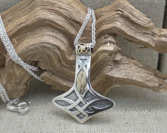 Sterling Silver .925 & 10K Thor&#39;s Hammer Pendant by Keith Jack 18&quot; Sterling Popcorn Chain Boxed with Silver Cloth Viking Necklace