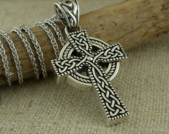 Sterling Silver .925 Irish Celtic Cross Pendant with 20" Sterling Silver Chain Made in Ireland by Shanore Gift Boxed Fancy Celtic Knot Back