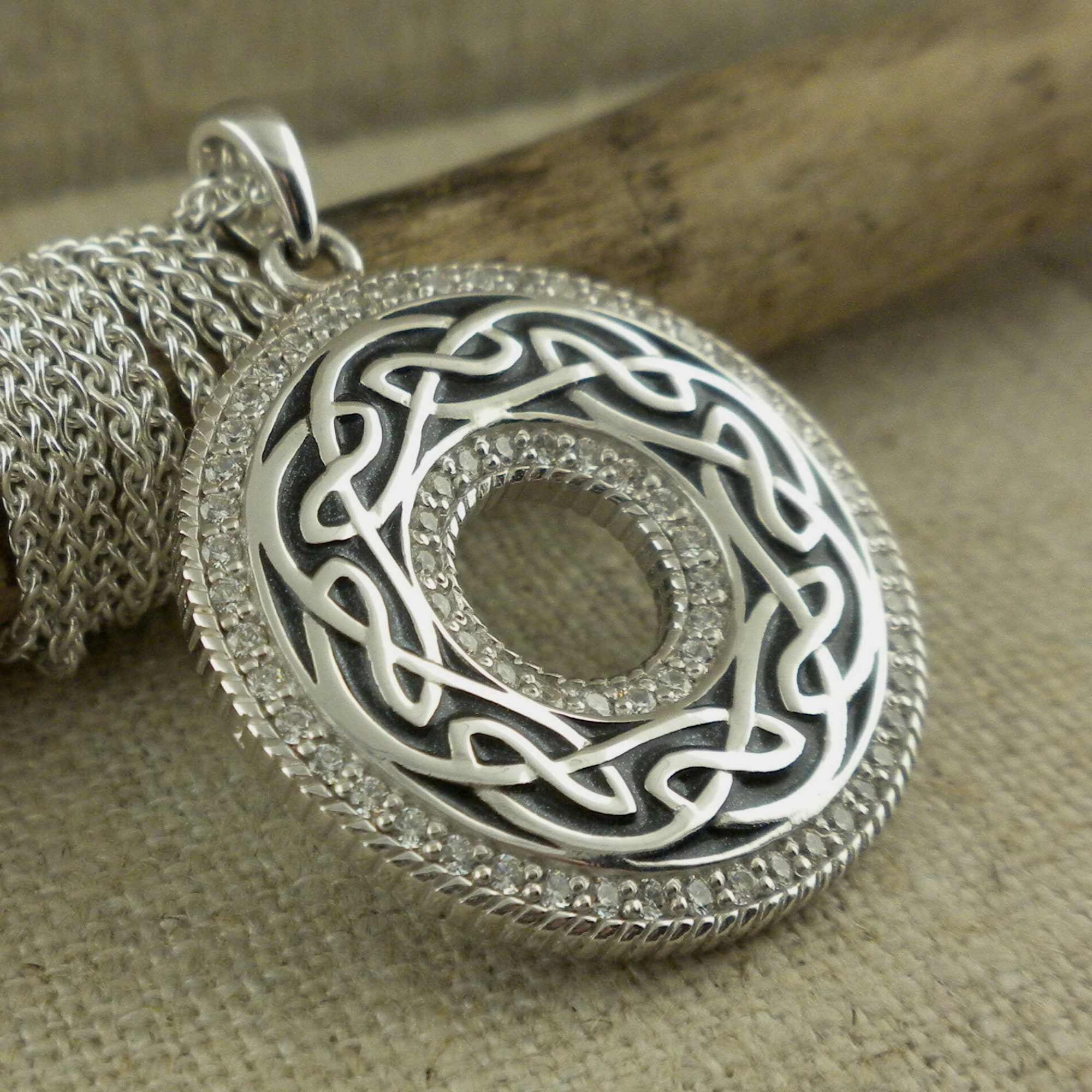 Sterling Silver Celtic Window Pendant With Dark Grey Enamel & Czs 