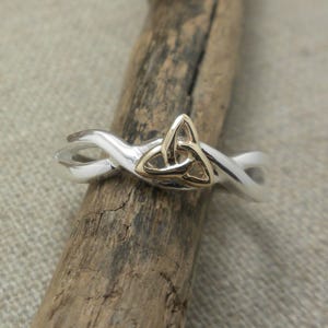 May include: A silver ring with a gold Celtic knot design. The ring is twisted and has a smooth finish.