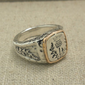 Bronze and Sterling Silver Celtic Scottish Thistle Signet Ring, PETRICHOR by Keith Jack, Celitc on the Inside Boxed with Cleaning Cloth