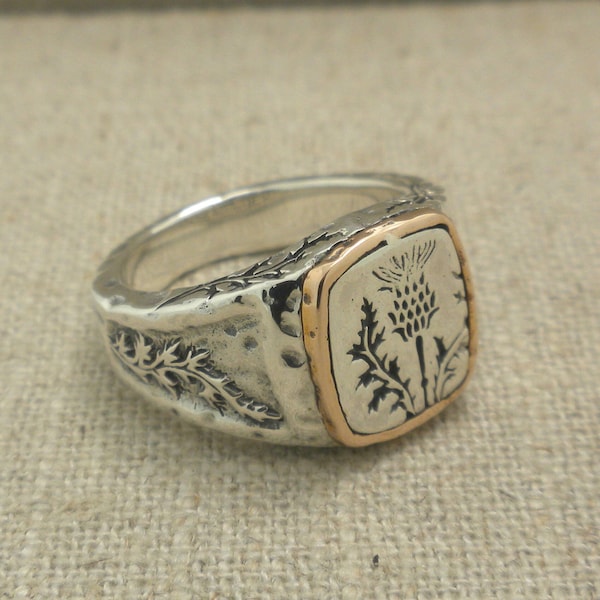 Bague chevalière en bronze et argent massif, motif chardon écossais, Keith Jack