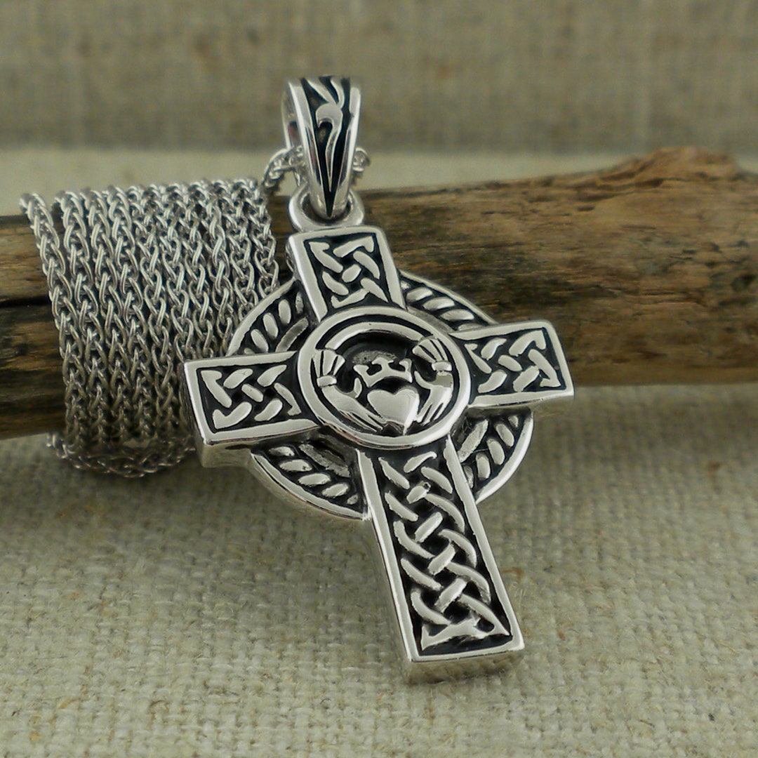 Sterling Silver Irish Claddagh and Celtic Cross Pendant Oxidized 18 ...