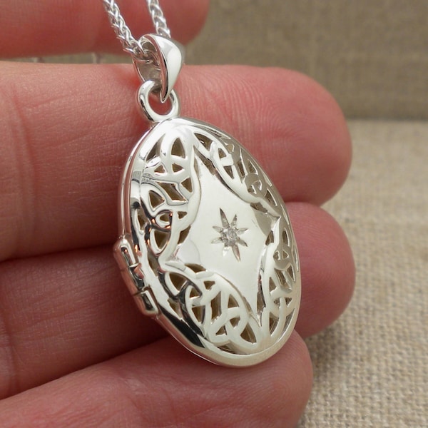 Sterling Silver Celtic Trinity Knot Locket with Diamond & 22K Gilding on the inside by Keith Jack Jewelry Boxed with Silver Cleaning Cloth