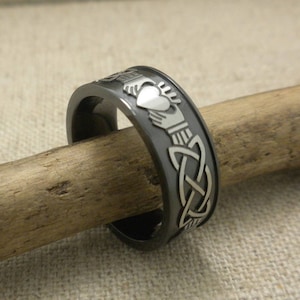 Black Zirconium Celtic Claddagh Wedding Ring 9 mm Wide Celtic Knot and Claddagh Wedding Band Lashbrook Wedding Ring Comfort Fit Gift Pouched