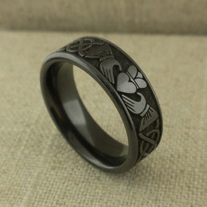 Celtic Claddagh Wedding Ring in Black Zirconium 8 mm Wide Celtic Knot and Claddagh Wedding Band GETi Wedding Ring Comfort Fit Gift Pouched