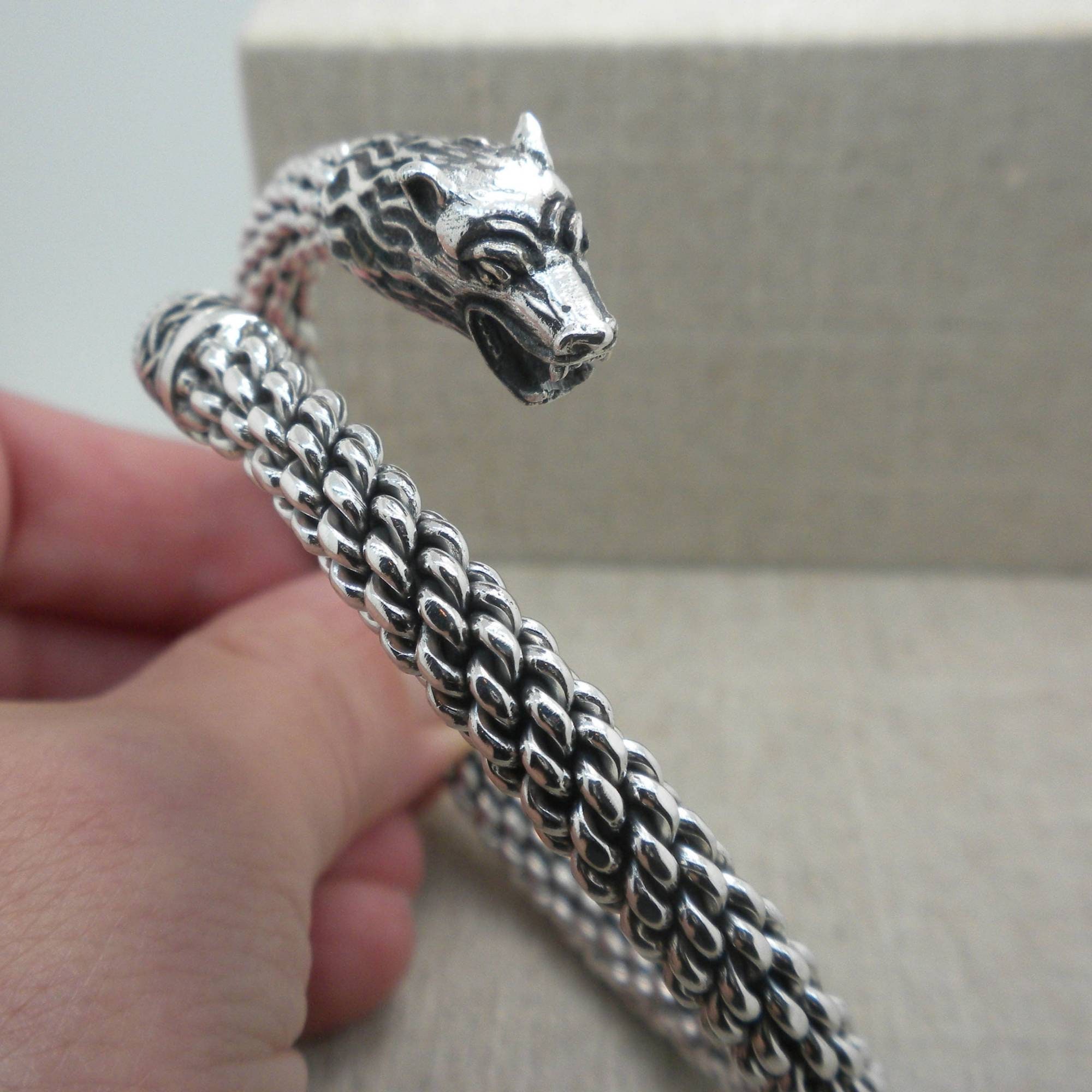 Sterling Silver Celtic Wolf Head Torc Bangle Bracelet With