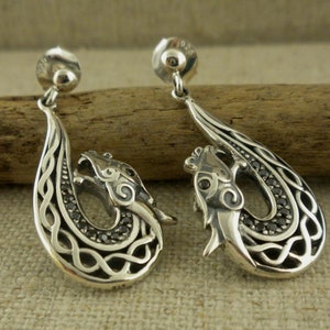 Sterling Silver Viking Celtic Dragon Earrings with Black CZs by Keith Jack Double Sided Norse Forge Collection Gift Boxed with Silver Cloth