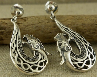 Sterling Silver Viking Celtic Dragon Earrings with Black CZs by Keith Jack Double Sided Norse Forge Collection Gift Boxed with Silver Cloth
