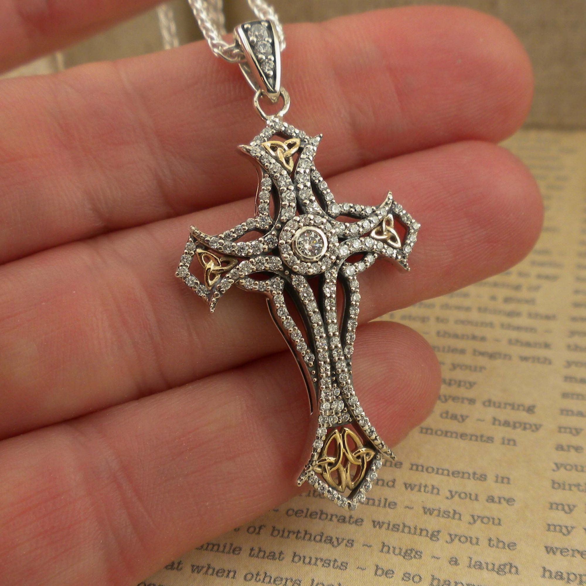 Sterling Silver Celtic Cross Pendant With 10K Gold Trinity Knot, Czs - Etsy