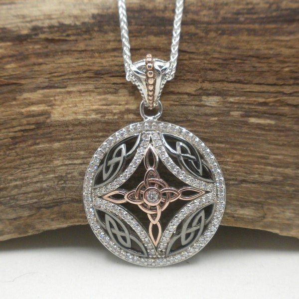 Sterling Silver Ruthenium & 10K Rose Gold Celtic Cross Pendant Celtic Knots and CZs on a 18" Sterling Chain by Keith Jack Jewelry Gift Boxed