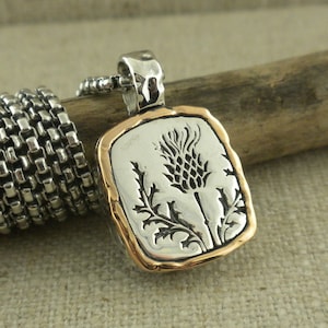 Bronze and Sterling Silver Celtic Scottish Thistle Pendant, 925 PETRICHOR by Keith Jack, Necklace Sterling 22&quot; Venetian Box Chain Gift Boxed