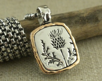 Bronze and Sterling Silver Celtic Scottish Thistle Pendant, 925 PETRICHOR by Keith Jack, Necklace Sterling 22&quot; Venetian Box Chain Gift Boxed