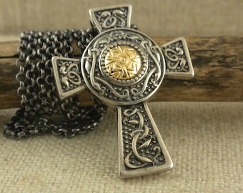 Sterling Silver Celtic Cross Pendant, 18K Gold Bead, Irish Jewelry