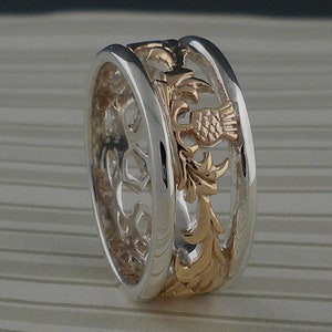8.5 mm Wide Sterling Silver and 10K Yellow Gold Scottish Thistle Wedding Ring Band by Keith Jack Jewelry Gift Boxed Sizes 5 to 13