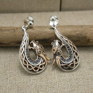 Sterling Silver & Bronze Viking Celtic Dragon Earrings with Black CZs by Keith Jack Double Sided Petrichor Collection Gift Boxed