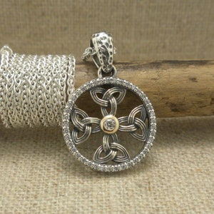 Sterling Silver Celtic Cross Trinity Knot Pendant with 10K Bezel CZ 18&quot; Sterling Silver Spiga Chain by Keith Jack Jewelry Gift Boxed