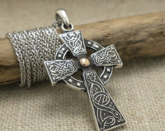 Oxidized Sterling Silver Celtic Warrior Cross Pendant, 20" Chain