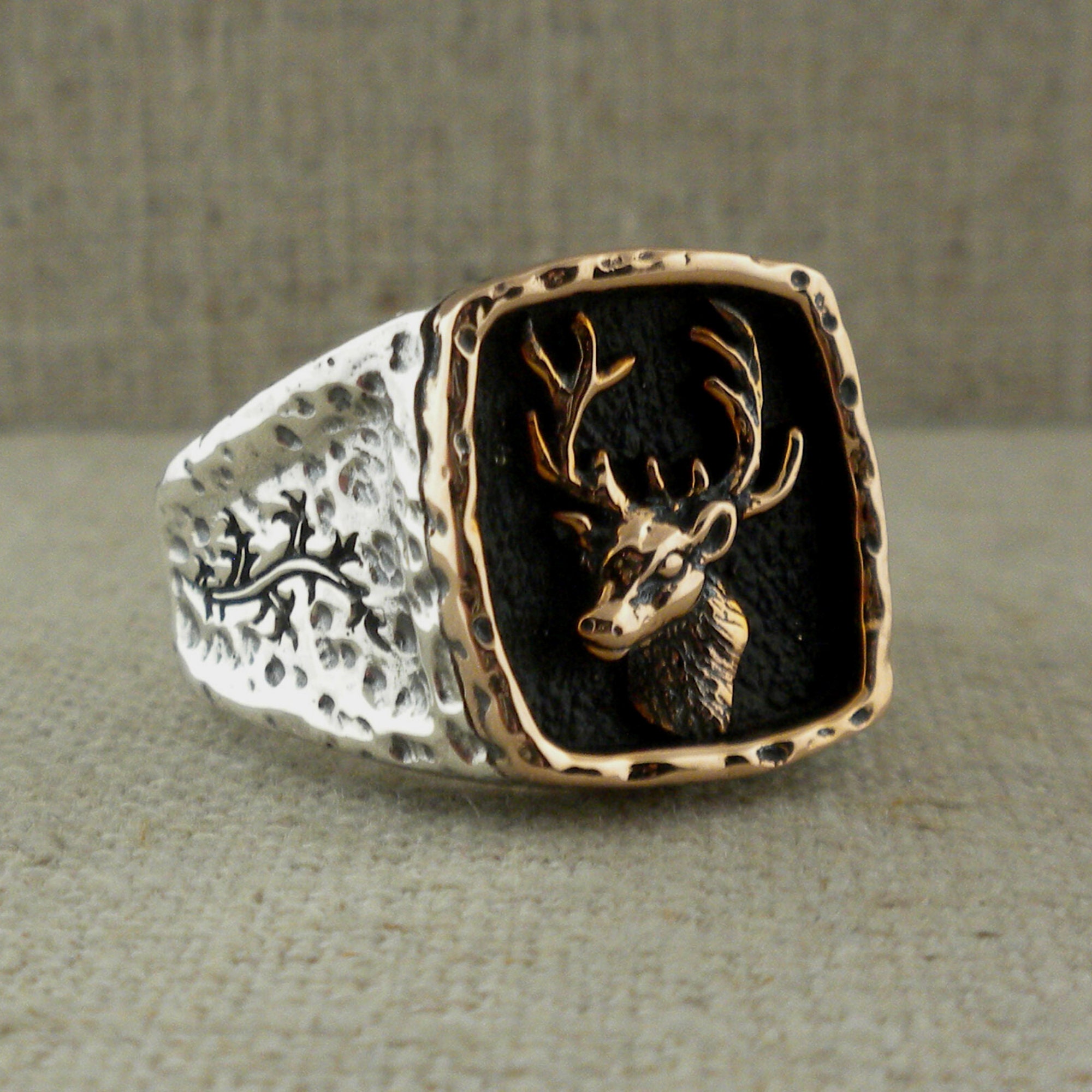 Bronze and Sterling Silver Celtic Stag Ring, 925, PETRICHOR by Keith Jack, Celtic on the Inside Gift Boxed with Cleaning Cloth