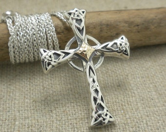 Small Sterling Silver & 10K Celtic Cross Pendant with Hammered Center Keith Jack Celtic Necklace Sterling Silver 18&quot; Spiga Chain Gift Boxed