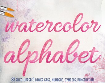 Pink watercolor alphabet clipart, Watercolor font clip art, Watercolor letters clipart, Numbers clip art, Pink letters, Pink numerals