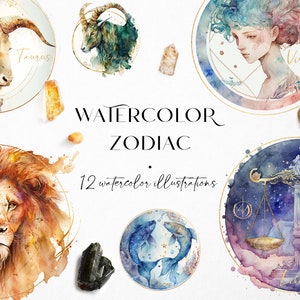 Watercolor zodiac signs, Zodiac clipart, Watercolor zodiac illustrations, Celestial clipart, Zodiac overlays, Transparent PNG overlays