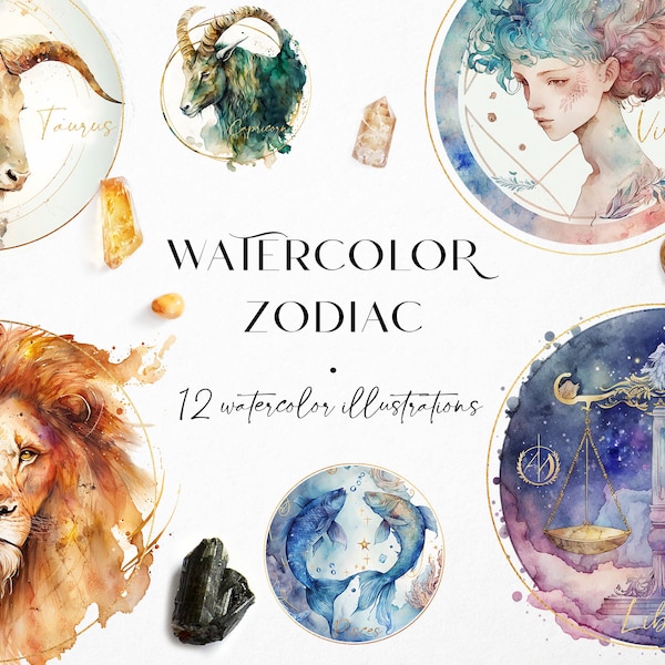 Watercolor zodiac signs, Zodiac clipart, Watercolor zodiac illustrations, Celestial clipart, Zodiac overlays, Transparent PNG overlays