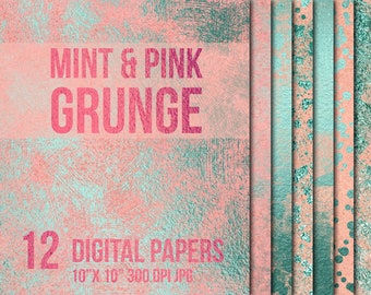 Grunge pink and mint digital paper, Mint wallpaper, Mint foil digital paper, Metallic textures, Grunge wallpaper, Grunge background