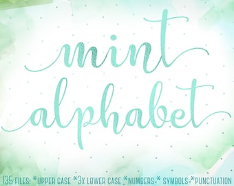 Mint letters clipart, Mint font, Mint alphabet with swirls, Mint foil alphabet clip art, Wedding letters, Commercial license, Mint green