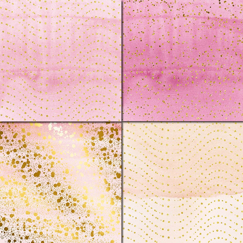 Pink Watercolor With Gold Dots, Watercolor Digital Paper Clipart, Gold ...
