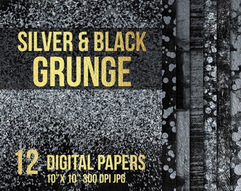 Grunge silver digital paper, Black paper pack, Silver wallpaper, Silver foil digital paper, Metallic textures, Silver backdrop, Silver paper