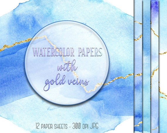 Blue Watercolor Digital Papers With Gold Veins Gold Etsy