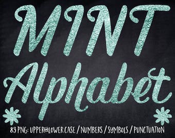 Mint letters, Mint numbers, Mint foil alphabet clipart, Mint green clipart, Mint alphabet, Mint typography, Mint font, Metallic letters, PNG