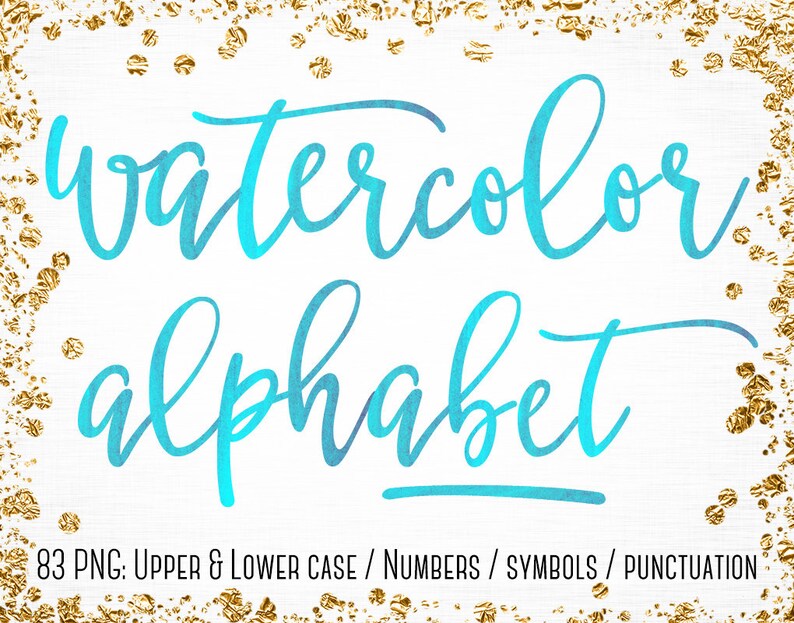 Teal Watercolor Alphabet Clipart, Turquoise Alphabet Clip Art