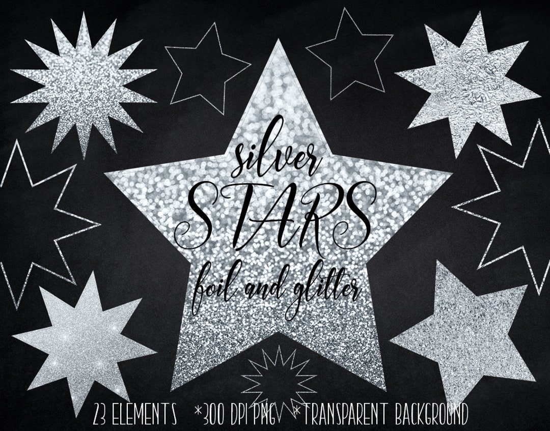 Silver Stars Clipart, Silver Glitter Stars Clip Art, Silver Foil Stars