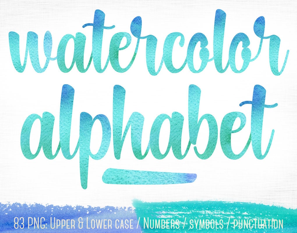 Watercolor Font Clipart, Blue Watercolor Alphabet Clipart, Blue