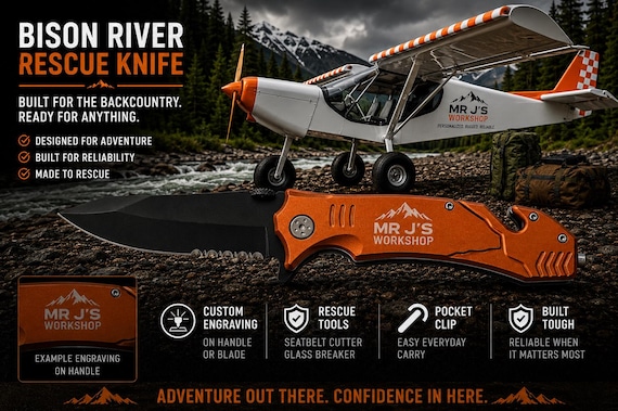 An engraved rescue knife with built-in seatbelt cutter and glass breaker — actually useful in an emergency, and the personalization makes it a genuinely thoughtful 'prepared' gift.