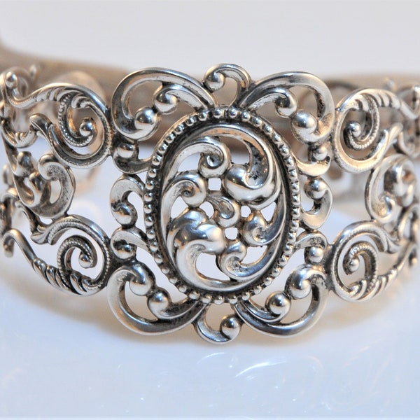 Vintage Danecraft Sterling Silver Scroll Cuff Bracelet, Wide Mid-Century Openwork Cuff