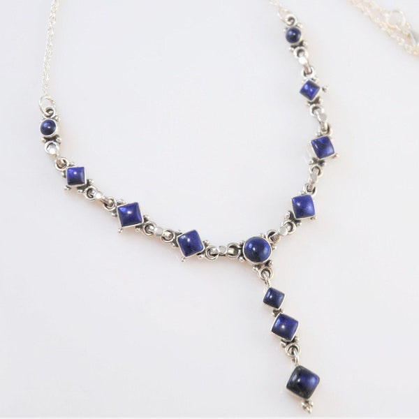 Adjustable Sterling Silver Lapis Y Necklace