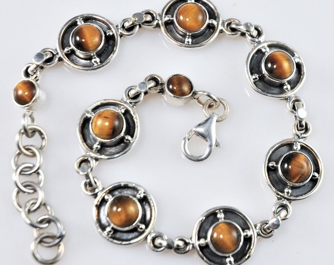 Vintage Bracelet - Mexican Silver Tiger Eye Inlay Bracelet