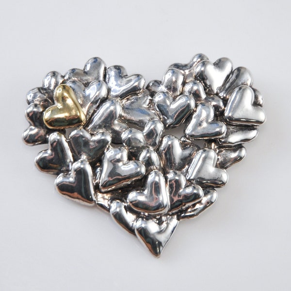 Large Designer Sterling Silver Puffed Heart Cluster Brooch Pendant