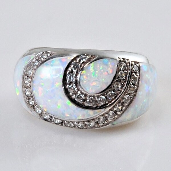 Designer Sterling Silver Opal CZ Ring Size 8 3/4