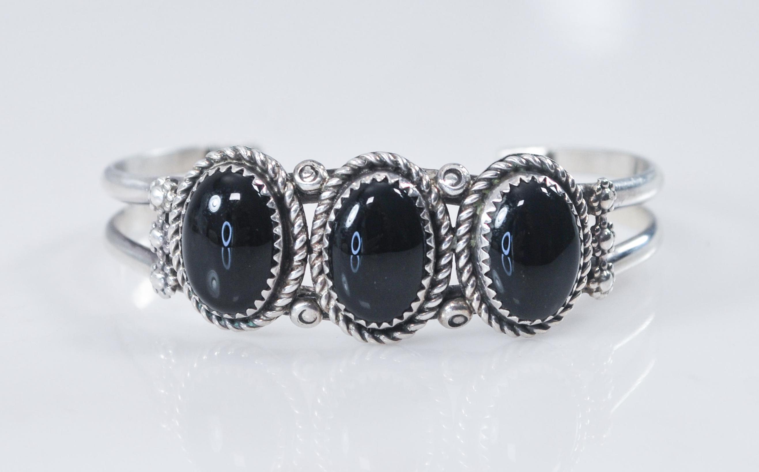 Signed Navajo Sterling Silver Black Onyx Cuff Bracelet Signed Navajo Sterling Silver Black Onyx Cuff Bracelet